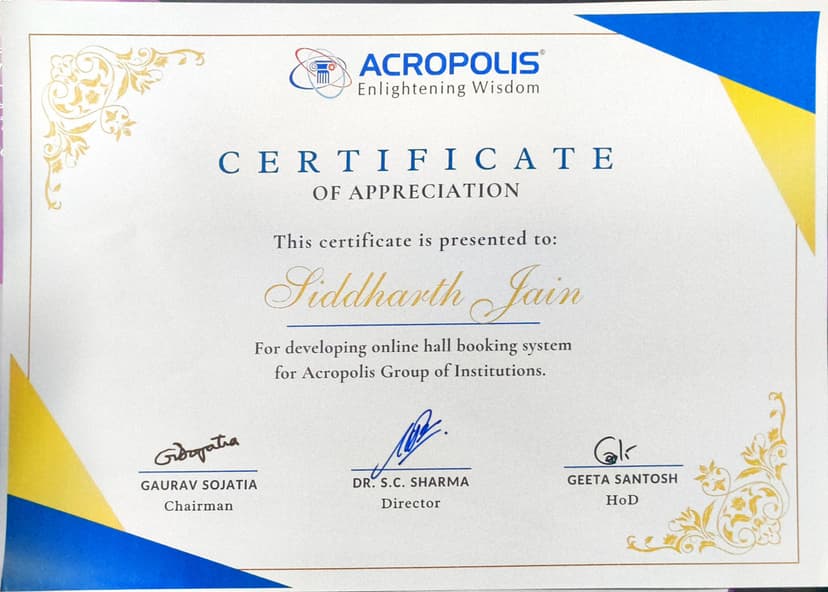 Appreciation Certificate for Hall Booking System